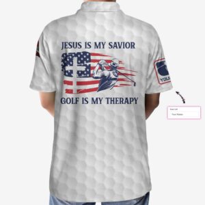 Personalized Jesus Men Polo Shirt Jesus Is My Savior Golf Is My Therapy Custom Polo Shirt American Flag Golf Shirt for Good Christians 1