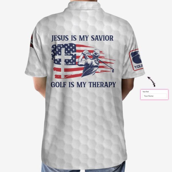 Personalized Jesus Men Polo Shirt Jesus Is My Savior Golf Is My Therapy Custom Polo Shirt American Flag Golf Shirt for Good Christians