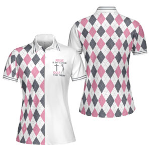 Jesus Women Polo Shirt: Savior-Themed Golf Therapy Short Sleeve Polo with Argyle Pattern for Ladies