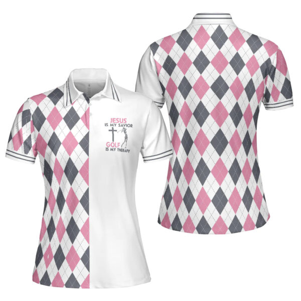 Jesus Women Polo Shirt: Savior-Themed Golf Therapy Short Sleeve Polo with Argyle Pattern for Ladies