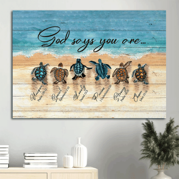 Christian Home Decor: Jesus Landscape Poster with Sea Turtle and Beach Painting – God Says You Are – Wall Art Print Gift