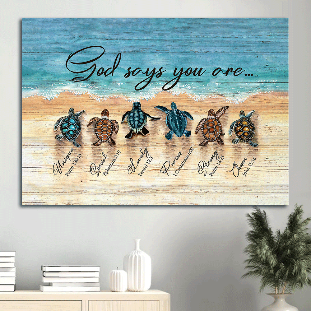 Christian Home Decor: Jesus Landscape Poster with Sea Turtle and Beach Painting – God Says You Are – Wall Art Print Gift Christian Home Decor: Jesus Landscape Poster with Sea Turtle and Beach Painting – God Says You Are – Wall Art Print Gift