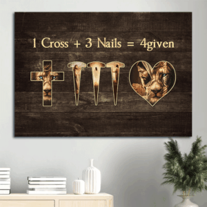 Jesus Lion of Judah Landscape Poster: Christian Home Decor Gift with Cross Nails & Forgiveness