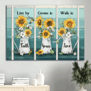 Christian Home Decor Gift Set - Jesus Landscape Sunflower Vase Hummingbird Poster - Live By Faith Grown In Grace - Perfect Gift for Christians