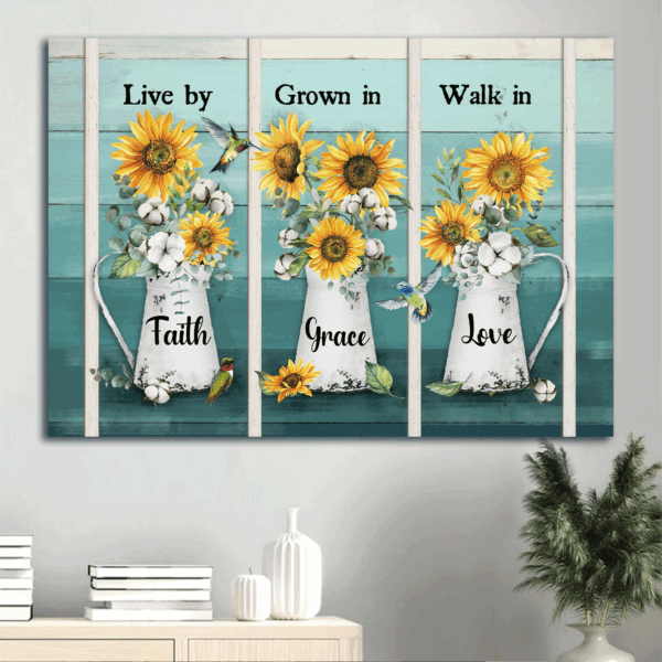 Christian Home Decor Gift Set – Jesus Landscape Sunflower Vase Hummingbird Poster – Live By Faith Grown In Grace – Perfect Gift for Christians