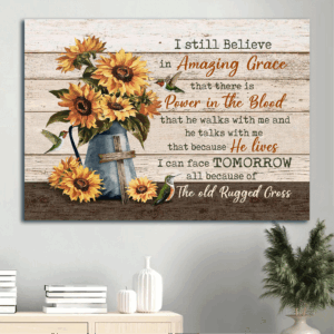 Christian Home Decor Gift - Jesus Landscape & Still Life Poster with Sunflower Vase & Wooden Cross