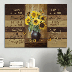 Christian Home Decor Poster - Jesus Landscape with Sunflower Vase and Orange Butterfly - Gift for Happy Moments
