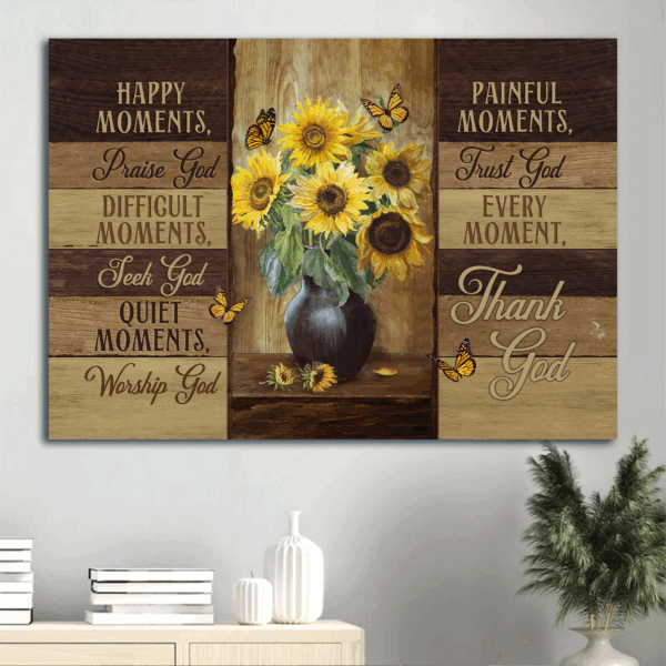 Christian Home Decor Poster – Jesus Landscape with Sunflower Vase and Orange Butterfly – Gift for Happy Moments