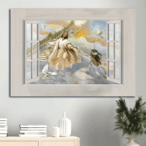 Jesus Landscape Poster Home Decor Gift - Christian Wall Art with Jesus Painting Beautiful Girl White Dove - The Way to Heaven - Gift for Christians