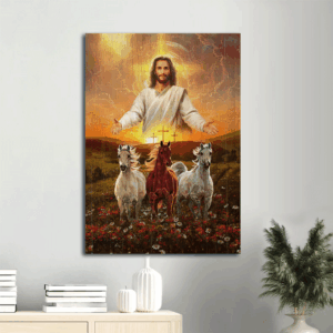 Jesus Portrait Poster: Christian Home Decor Gift with Three Crosses & Horses at Sunrise