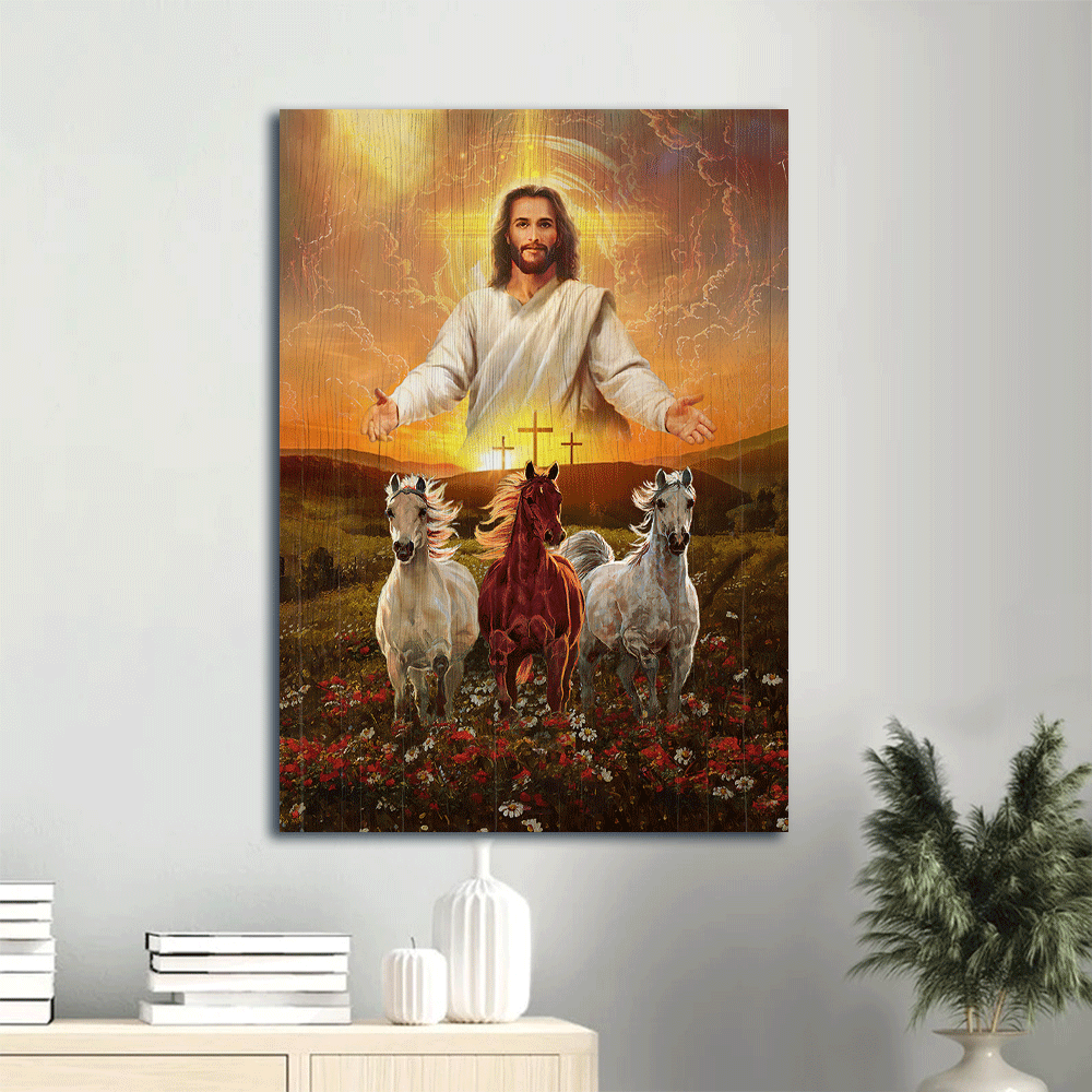 Jesus Portrait Poster: Christian Home Decor Gift with Three Crosses & Horses at Sunrise Jesus Portrait Poster: Christian Home Decor Gift with Three Crosses & Horses at Sunrise