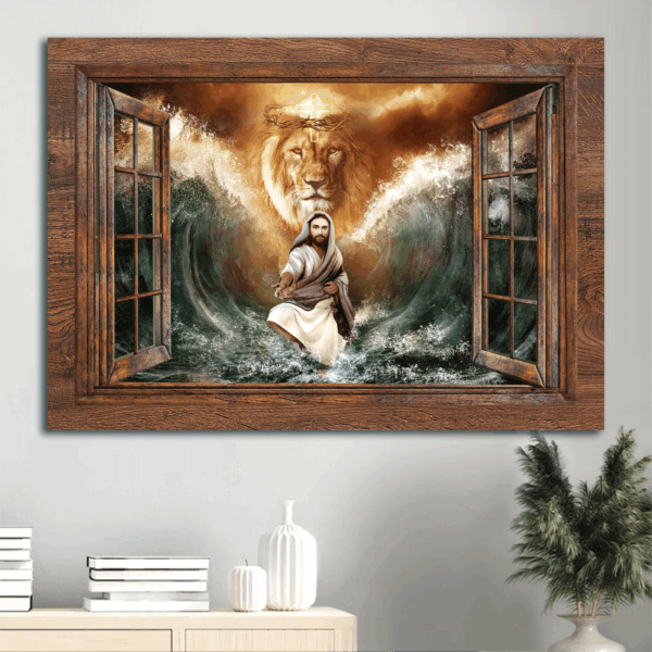 Christian Home Decor Poster: Jesus Landscape Gift – Lion of Judah Walking on Water