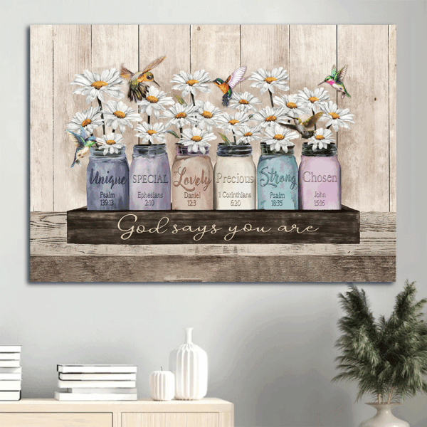 Christian Home Decor: Jesus Landscape & Hummingbird Poster Gift – God Says You Are Special – White Daisy Painting
