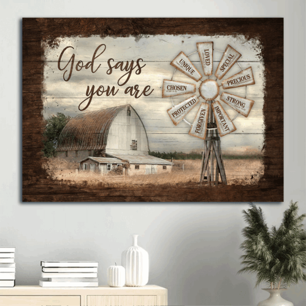 Jesus Landscape Poster – Windmill Farm Rustic Barn Home Decor Gift for Christian – God Says You Are