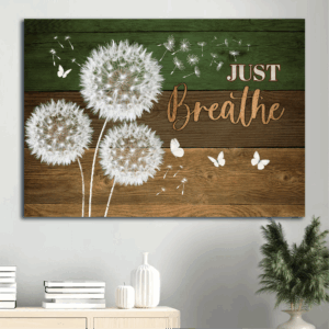 Jesus Landscape Poster Home Decor Gift - Dandelion Painting on Wooden Background with White Butterfly  Poster Home Decor Gift - Christian Gift - Just Breathe