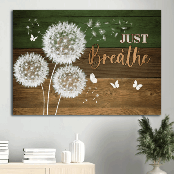 Jesus Landscape Poster Home Decor Gift – Dandelion Painting on Wooden Background with White Butterfly  Poster Home Decor Gift – Christian Gift – Just Breathe