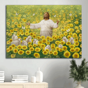 Jesus Landscape Poster - Sunflower Field & Lamb of God Religious Christian Home Decor Gift