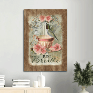 Jesus Portrait Poster Home Decor Gift- Abstract Hummingbird Tea Cup Pink Flowers- Vintage Drawing- Gift For Christian- Just Breathe