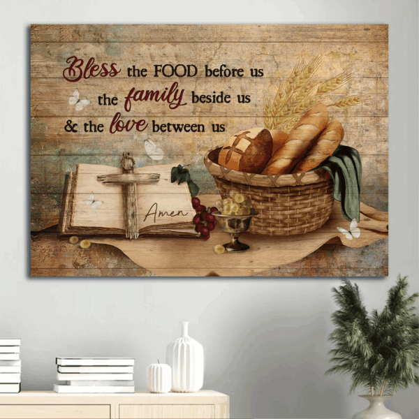 Christian Jesus Landscape Poster Home Decor Gift – Baguette Painting Grapes Drawing Religious Text – Bless The Food