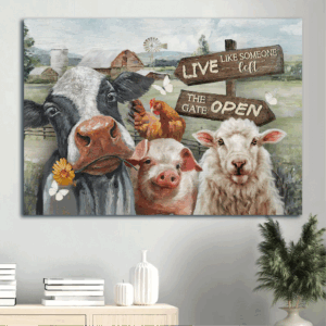Christian Farm Landscape Poster Home Decor Gift - Beautiful Dairy Cow & White Lamb Drawing - Live Like Someone Left The Gate Open