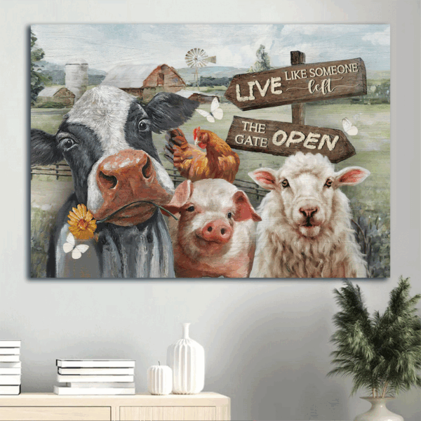 Christian Farm Landscape Poster Home Decor Gift – Beautiful Dairy Cow & White Lamb Drawing – Live Like Someone Left The Gate Open