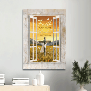 Jesus Portrait Poster Home Decor Gift - Beautiful Flower Garden Wooden Cross Orange Sunset White Butterfly - Gift For Christian - Faith Can Move Mountain