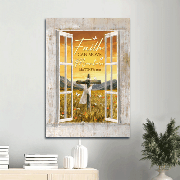 Jesus Portrait Poster Home Decor Gift – Beautiful Flower Garden Wooden Cross Orange Sunset White Butterfly – Gift For Christian – Faith Can Move Mountain