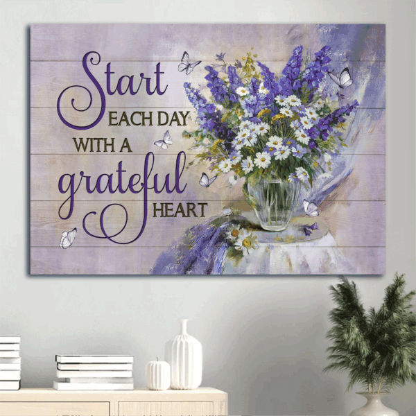 Jesus Landscape Poster Home Decor Gift – Lavender Flower Daisy Vase Christian Decor – Start Each Day Grateful