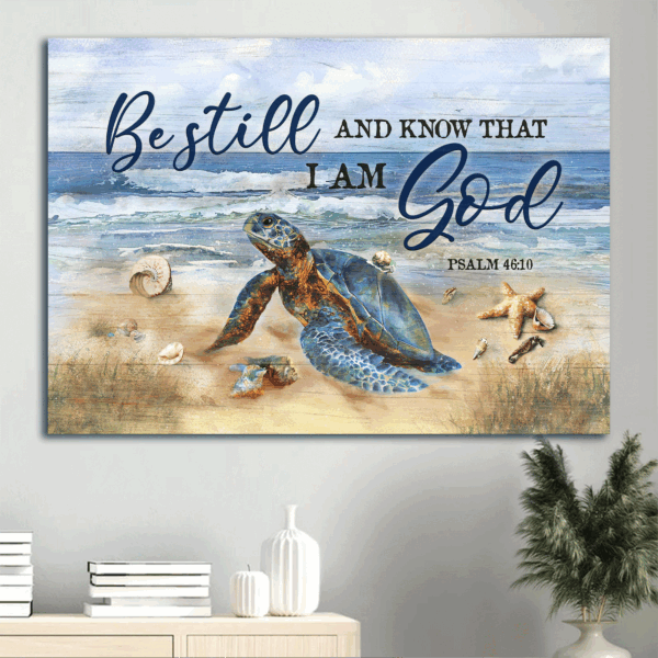 Christian Home Decor Gift – Jesus Landscape Poster with Turtle Ocean Starfish – Be Still and Know – Unique Wall Art