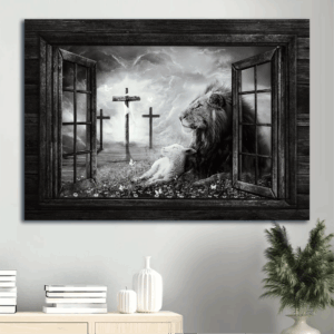 Black and White Jesus Landscape Poster: Lion of Judah Lamb of God Three Crosses - Christian Gift Wall Art