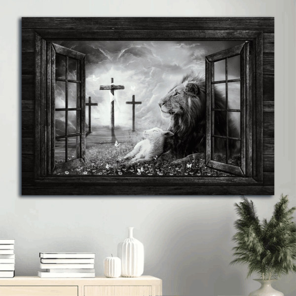 Black and White Jesus Landscape Poster: Lion of Judah Lamb of God Three Crosses – Christian Gift Wall Art