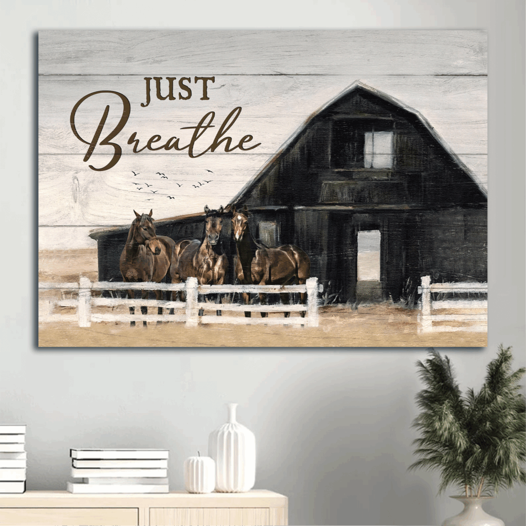 Christian Home Decor Gift: Jesus Landscape Poster with Black House Horses Farm Painting on Just Breathe Poster Home Decor Gift Christian Home Decor Gift: Jesus Landscape Poster with Black House Horses Farm Painting on Just Breathe Poster Home Decor Gift