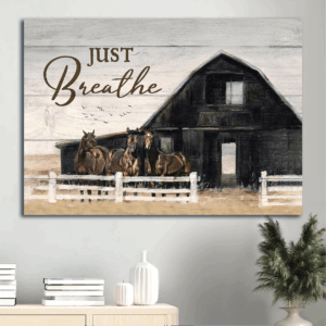 Christian Home Decor Gift: Jesus Landscape Poster with Black House Horses Farm Painting on Just Breathe  Poster Home Decor Gift