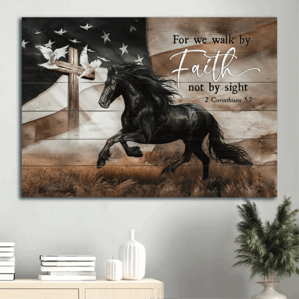 Jesus Landscape Poster Home Decor Gift – Black Horse US Flag Dove Wooden Cross – Christian Faith Wall Art