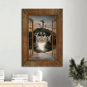 Jesus Portrait Poster Home Decor Gift - Christian Wall Art with Black Rock Mountain and Wooden Cross Sunset  Poster Home Decor Gift Print - It is Finished
