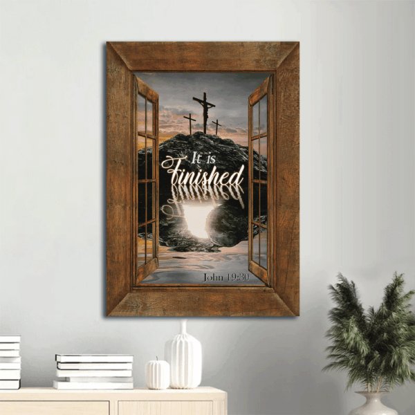 Jesus Portrait Poster Home Decor Gift – Christian Wall Art with Black Rock Mountain and Wooden Cross Sunset  Poster Home Decor Gift Print – It is Finished