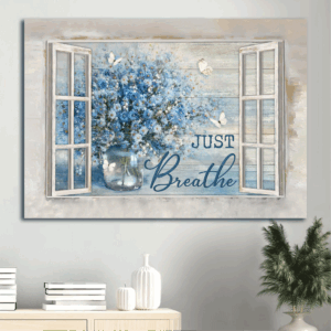 Christian Home Decor Gift: Jesus Landscape Poster with Blue Daisy Vase Crystal Vase White Butterfly and Just Breathe  Poster Home Decor Gift - Christian Wall Art and Prints