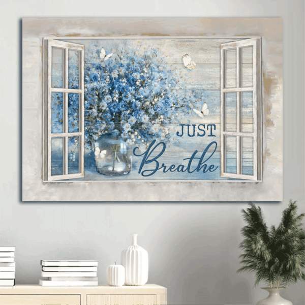 Christian Home Decor Gift: Jesus Landscape Poster with Blue Daisy Vase Crystal Vase White Butterfly and Just Breathe  Poster Home Decor Gift – Christian Wall Art and Prints