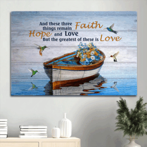 Christian Landscape Poster: Boat on River Wild Flowers Hummingbird  Poster Home Decor Gift - Gift for Christian Home Decor - Love Quote Wall Art