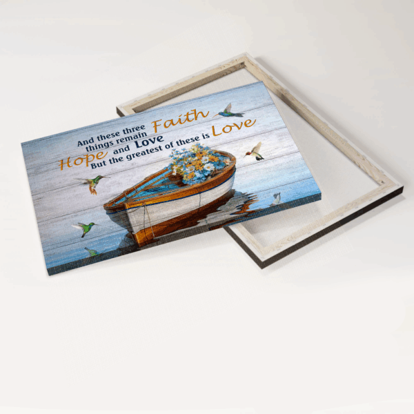 Christian Landscape Poster: Boat on River Wild Flowers Hummingbird  Poster Home Decor Gift – Gift for Christian Home Decor – Love Quote Wall Art