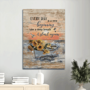 Christian Home Decor Gift: Jesus Portrait Poster with Boat Drawing Sunflower Vase and Sunset  Poster Home Decor Gift - New Beginning Wall Art