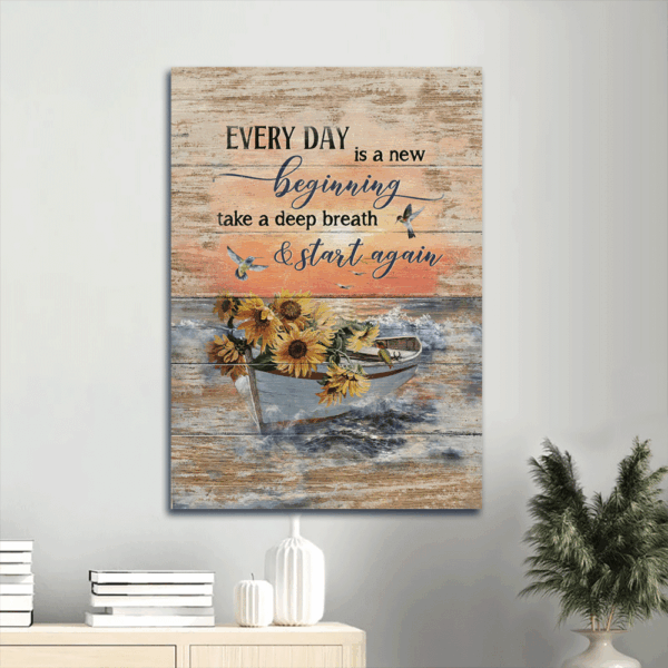 Christian Home Decor Gift: Jesus Portrait Poster with Boat Drawing Sunflower Vase and Sunset  Poster Home Decor Gift – New Beginning Wall Art