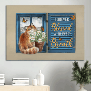 Jesus Landscape Poster: Brown Cat  Poster Home Decor Gift Daisy Vase Blue Window - Christian Home Decor Gift for Cat Lovers - Forever Blessed