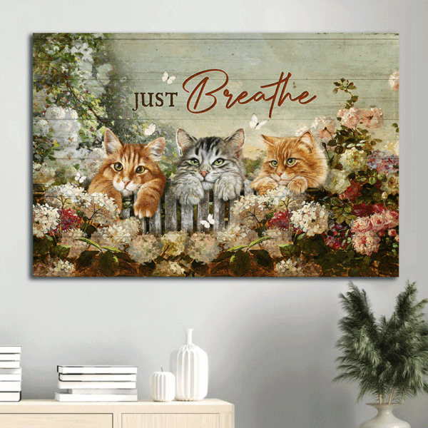 Jesus Landscape Poster Home Decor Gift – Adorable Cat Flower Garden White Butterfly – Religious Christian Gift – Just Breathe