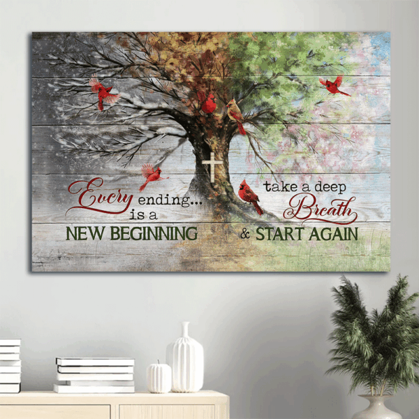 Red Cardinal Landscape Poster – Christian Wall Art with God and Faith – Four Seasons Tree Decor – Gift for Christians