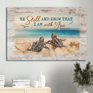 Religious Jesus Landscape Poster - Sea Turtle Blue Ocean Seagull Home Decor Gift - Be Still and Know - Christian Art