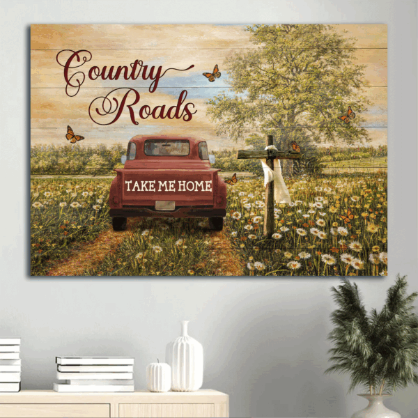 Jesus Landscape Poster Home Decor Gift – Beautiful Countryside Dandelion Field Ladybug Car – Perfect Gift For Christian Home Decor – Country Roads Take Me Home