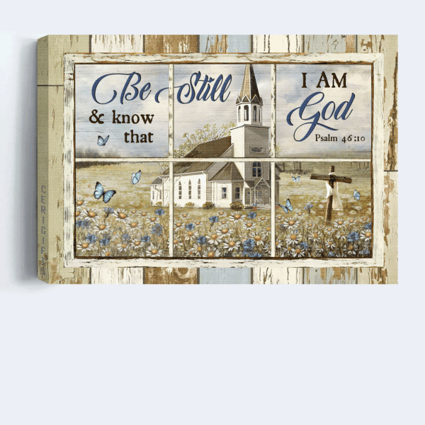 Jesus Landscape Poster Home Decor Gift – Beautiful Church Daisy Garden Rugged Cross – Gift for Christian – Be Still and Know I Am God