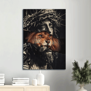 Jesus Lion Faith God Portrait Poster - Stunning Crown of Thorns & Brown Lion Wall Decor Gift for Christian Believers