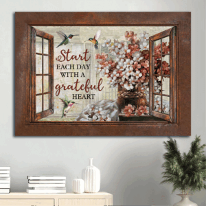 Grateful Heart Jesus Landscape Poster Home Decor Gift - Christian Wall Art with Blossom Flower Hummingbird Window Frame - Landscape Prints